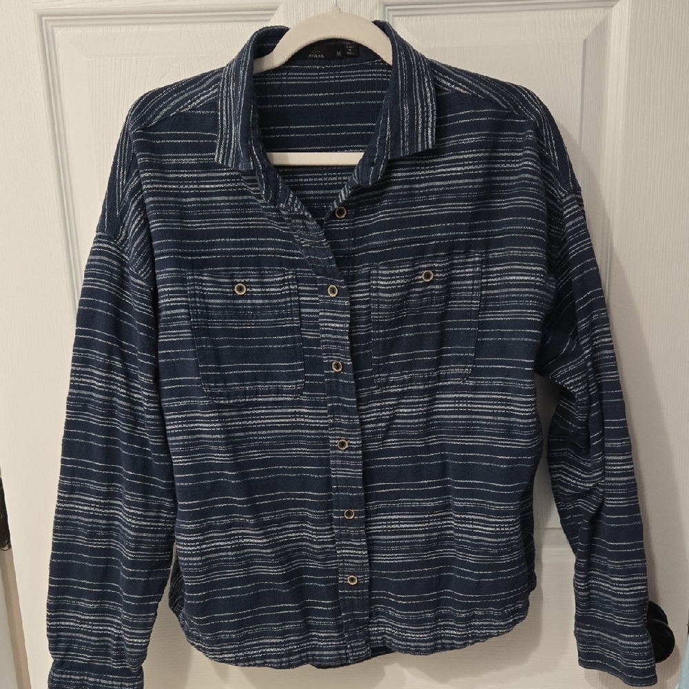 Prana Sriped Navy Button-Up Shirt Medium